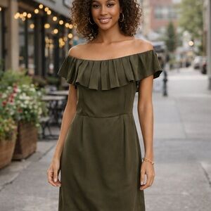 Banana Republic Silk Off Shoulder Ruffle Dress Charcoal Grey Small